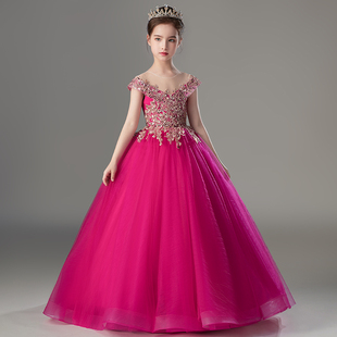 儿童晚礼服公主裙周岁生日高级感玫红色钢琴主持人模特走秀演出服