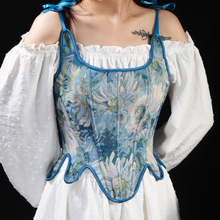 莫奈油画法式鱼骨胸衣塑身中世纪束腰收腹束身衣蓝色背心花瓣下摆