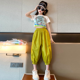 女童夏季套装2023韩版中童时尚休闲短袖T恤热裤 儿童时髦两件