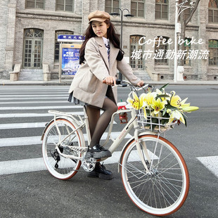 凤凰自行车城市通勤代步复古男女式变速单车，禧玛诺7速轻便咖啡车