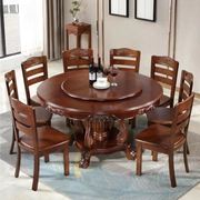 实木圆形餐桌椅组合家用8/10人吃饭桌带转盘中式雕花橡木大圆桌子