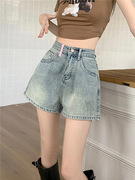 夏季简约设计感口袋大码浅色牛仔短裤女胖mm高腰遮肉阔腿裤