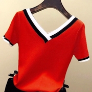 品v领针织T恤女夏季韩版薄款针织衫v领纯色上衣修身短袖