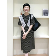 夏季大码女装韩版时尚，蕾丝拼接条纹，显瘦中长款针织t恤连衣裙