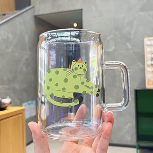 波猫与浪兔原创设计款绿色慵懒猫玻璃杯700ml大容量水杯送礼