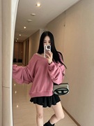 韩国女装2023秋款宽大慵懒时尚个性V领蝙蝠袖卫衣上衣