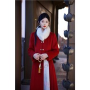 红色新中式国风马面裙套装，女冬季新年毛呢夹棉上衣半身裙两件套