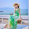 绿色印花真丝连衣裙波西米亚风格吊带沙滩长裙夏季2024女装
