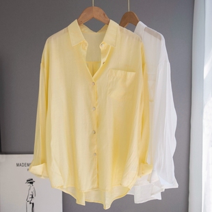 外贸出口高端女装夏季薄款天丝鹅，黄色衬衫女休闲宽松衬衣夏季外套