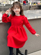 女童毛衣裙针织连衣裙秋冬款加厚2023红色公主裙年服洋气时髦