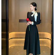 高个子(高个子)女装秋冬法式名媛中长款裙子，礼服小香风黑色长袖气质连衣裙