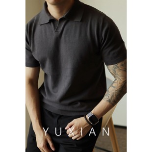 yuxian余闲纯色v领针织polo衫，美式复古马球，翻领t恤短袖纯棉男士