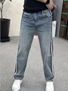 阔腿牛仔裤男夏季黑白，条纹宽松弹力，蓝色休闲裤子青年小直筒裤