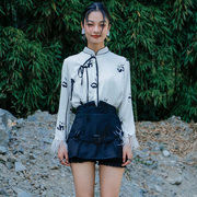 大青龙肆新中式拼接雪纺衬衫女小众，设计感复古熊猫印花长袖上衣