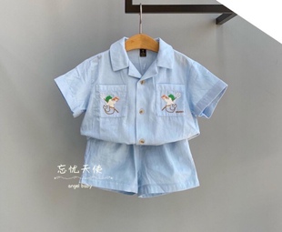 韩国童装 夏男童宝纯棉个性小西装领蓝色短袖衬衣 短裤套装