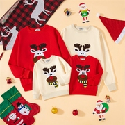 圣诞亲子装红色卡通麋鹿，一家三口母子，装母女装宝宝演出服加绒卫衣
