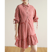 天然出品宽松休闲红色格子不规则剪裁长袖衬衫连衣裙女QA1352