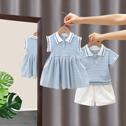女童polo裙子男童夏装套装韩版帅气小童条纹，休闲两件套兄妹姐弟装