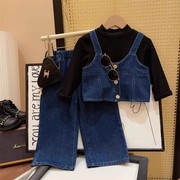 女童时髦牛仔套装2023秋季韩版儿童吊带马甲T恤牛仔裤三件套