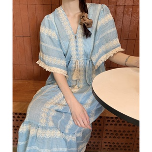 韩国chic夏季法式宫廷风v领拼接流苏毛边，设计感宽松短袖连衣裙女