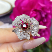 vintage彩宝璀璨红宝石花朵戒指，女ins潮，开口食指环小众高级感轻奢