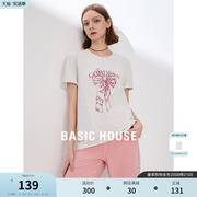 Basic House/百家好宽松印花短袖T恤2024夏季休闲圆领女上衣