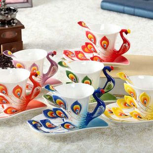 创意个性茶具珐琅瓷孔雀咖啡杯碟套装中式典雅陶瓷杯