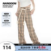 NANGOON原创 美式复古卡其色格子阔腿裤休闲宽松裤子女小个子