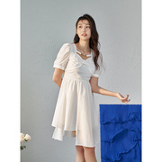 不规则下摆夏季短袖连衣裙小个子白色蝴蝶结长裙L1238178