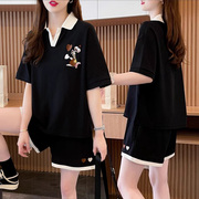 拼色翻领短袖+短裤两件套女夏季韩版宽松特大码200-300斤套装