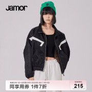 jamor春季黑白拼色圆领，棒球服女宽松休闲机车飞行服加末