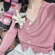 粉色上衣女韩系早春穿搭慵懒风宽松外搭薄款假两件拼接长袖针织衫