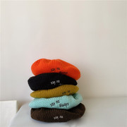 儿童毛线帽韩国同款宝宝针织，贝雷帽秋冬字母，刺绣男女童画家帽