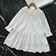 2024女童纯棉蕾丝娃娃领长袖白色连衣裙春季镂空花朵洋气公主裙子