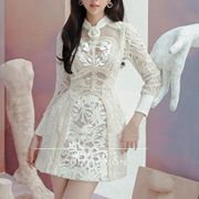 越南小众设计师春冬女神范蕾丝刺绣修身显瘦立体花朵连衣裙