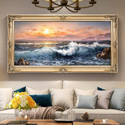 纯手绘欧式油画挂画客厅装饰画，沙发背景墙风景，海浪壁画海上日出