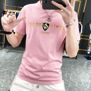 欧洲站烫钻战马丝光棉粉色T恤男2022年夏季潮流修身时尚半袖上衣