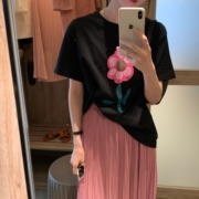 韩国东大门2024夏季减龄时尚花朵印花T恤+百褶半身裙两件套装