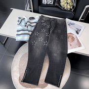 1.3斤灰黑水洗高腰牛仔裤，做旧星星图案直筒，长裤时尚休闲洋气