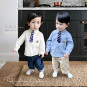 男童领带长袖衬衣2024韩版学院风衬衫宝宝洋气秋装上衣潮