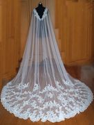 欧美新娘婚礼网纱披肩女士白色蕾丝搭肩斗篷长拖尾舞台演出服
