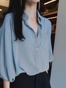 伊芙丽2024夏季韩版五分袖衬衫女雪纺灯笼袖上衣复古宽松纯色