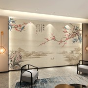中式电视背景墙壁纸客厅沙发装饰中国风梅花影视，墙壁画3d自粘墙布