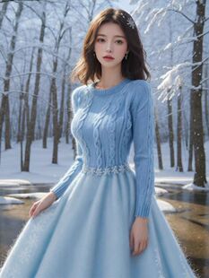 今年流行漂亮的天蓝色假两件针织连衣裙女秋冬2023显瘦毛衣裙