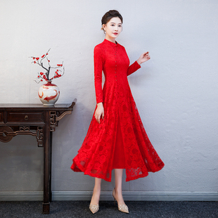 加绒旗袍大红色连衣裙，2023年气质高端蕾丝，中式春秋装婚宴礼服