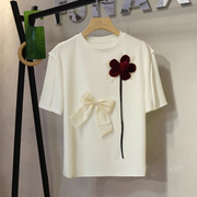 白色短袖T恤女春夏设计感休闲蝴蝶结立体花朵圆领打底衫上衣
