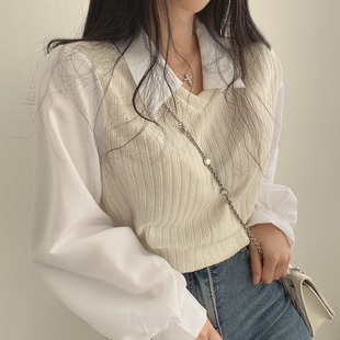 韩国chic春季复古小众，法式衬衫拼接翻领灯笼袖假两件短款针织上衣