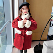 女童冬装外套2022儿童中长款新年妮子，大衣女孩红色加绒拜年服