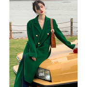 秋冬季加厚绿色双面羊绒呢子，大衣女中长款赫本风复古斗篷毛呢外套