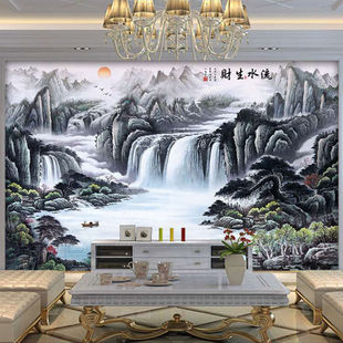 中式大气风景电视背景墙布8d客厅，影视墙壁纸，办公室山水风景画墙纸